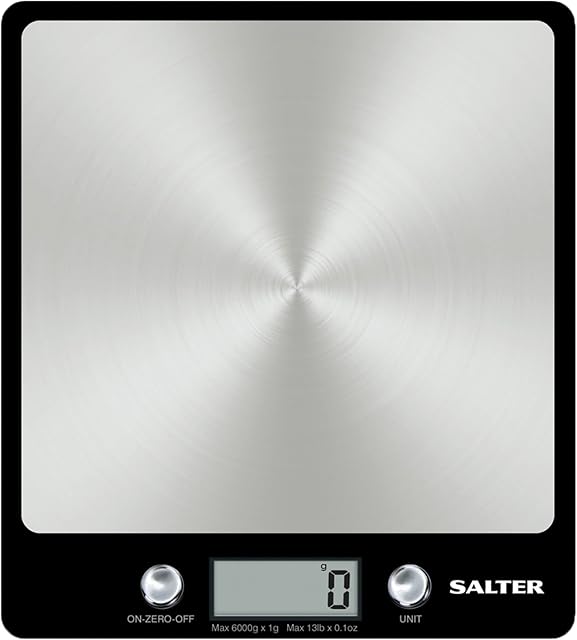 Salter 1241A BKDR Premium Evo Electronic Scale, Ultra Slim, Stainless Steel Platform, Hygienic/Easy Clean, Add & Weigh, Measures Liquids/Fluids, Kitchen Cooking , Baking, 6 Kg Max Capacity, Black
