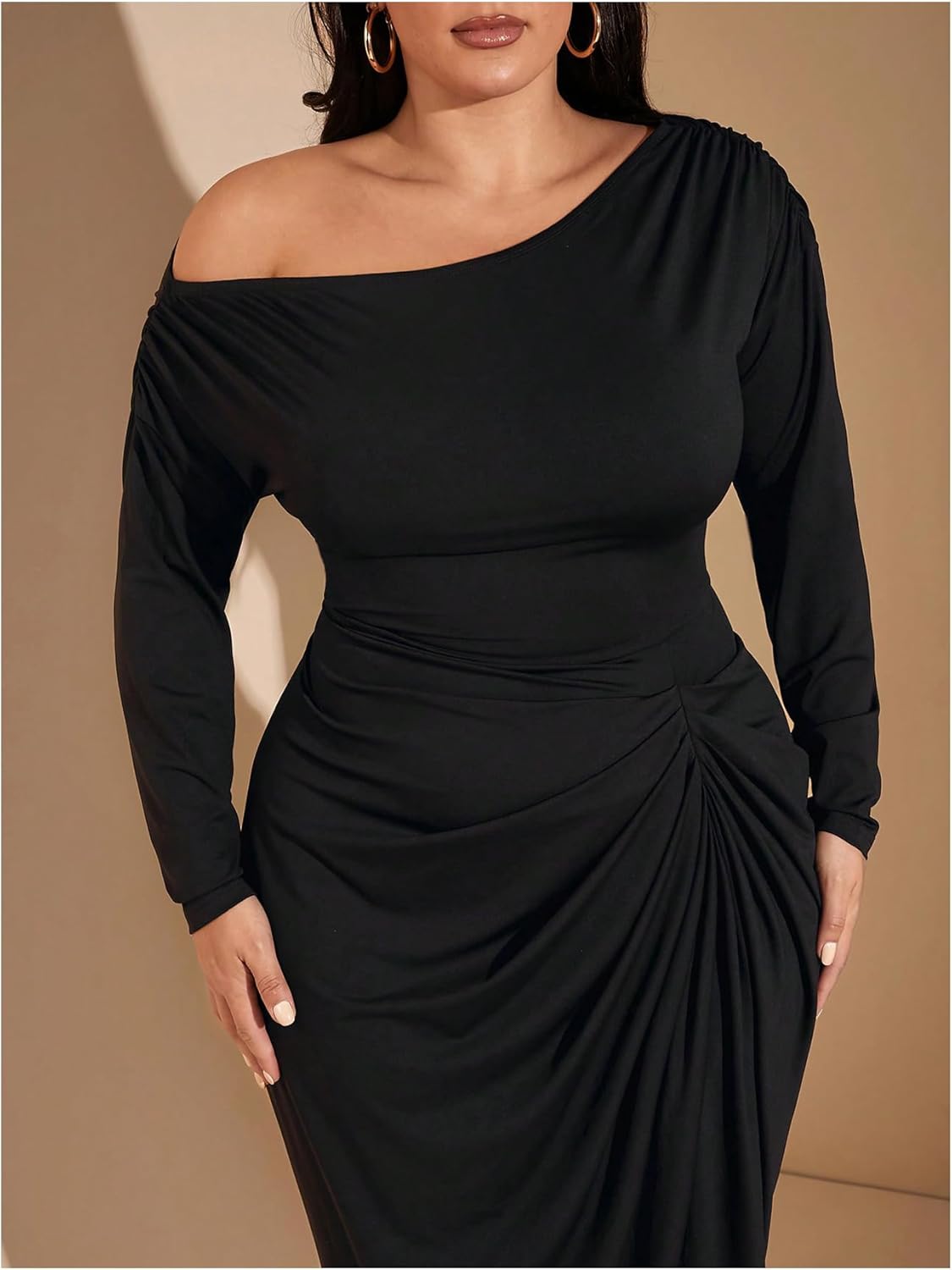 Floerns Women's Plus Size Off The Shoulder Maxi Dress Long Sleeve Ruched Wedding Guest Bodycon Dresses - Image 3