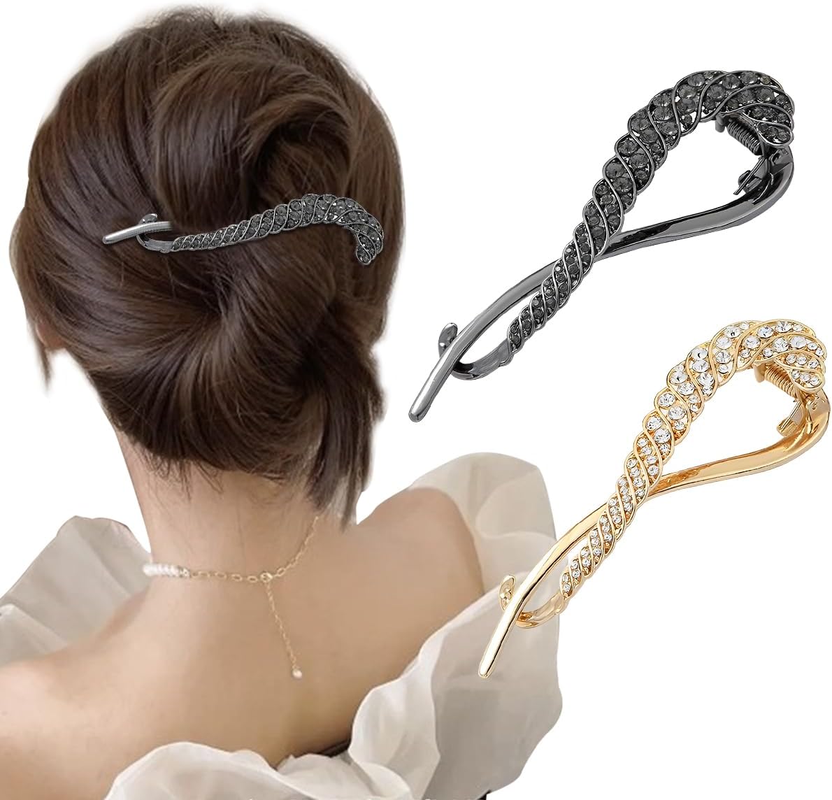 PALAY 2 Pcs Bun Clips for Women, French Rhinestone Hair Maker, Black Gold