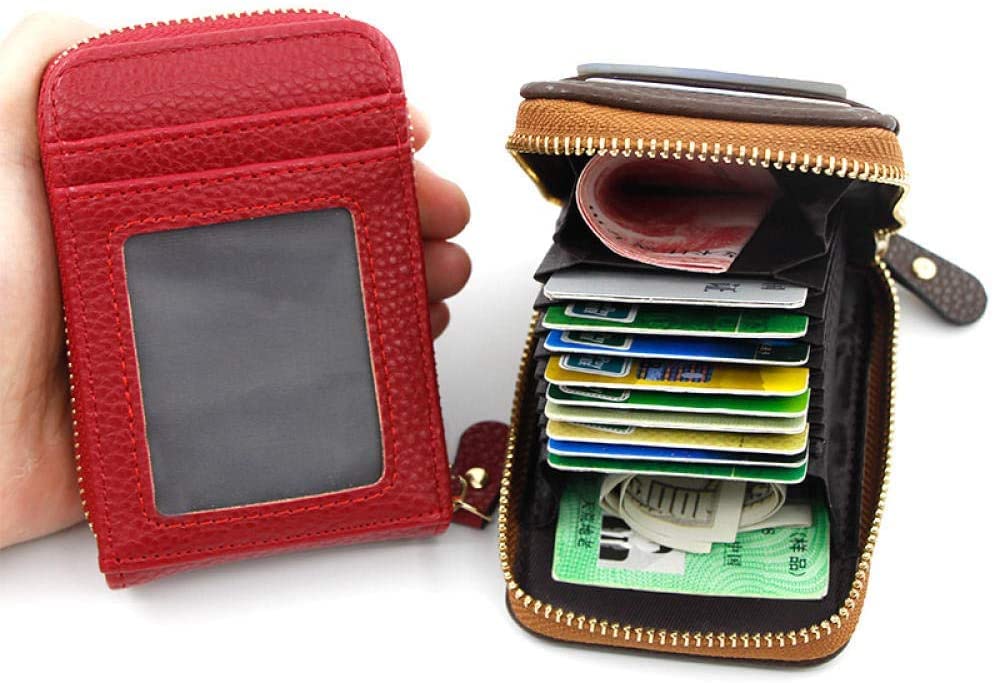 New Women Leather Credit Card Holder Men Zipper Pocket Cowhide Mini Wallet Coin Purse Small Card Bag Wallets(Pink) 6