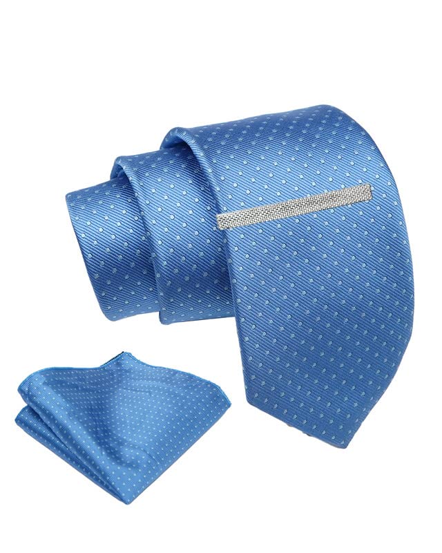 Sky Blue Dotted Tie For Men – Formal Ties Set With Pocket Square & Tie Pin Clip For Mens, Silk Neckties Gift Sets For Men’s (AXNW58)-image-32