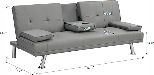 Miniatura 2 de Futón, sala de estar de cuero moderna, sofá biplaza plegable convertible, sofá cama extraíble con 2 portavasos con reposabrazos en el medio, gris