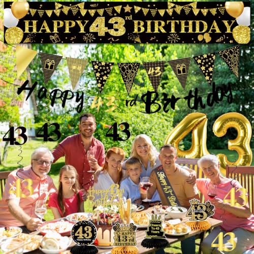 Image of 43rd Birthday Decorations for Men, Black Gold 43rd Party Decoration Kits | 27pcs Happy 43rd Birthday Set, Banner, Honeycomb, Balloons, Gold Number, Candle, Hanging Swirls, Cake Topper, Party Supplies