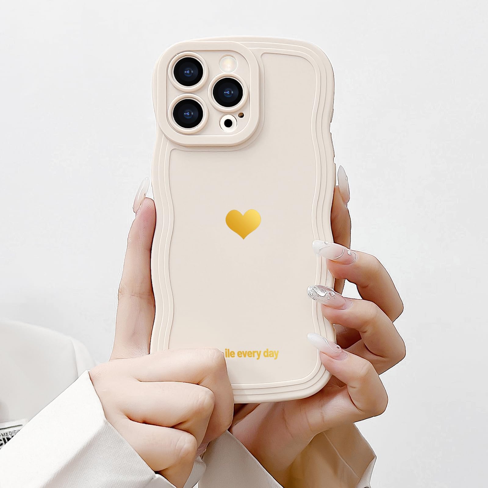 LAPOPNUT for iPhone 15 Pro Max Case,Cute Curly Wave Frame Love Heart Phone Case for Girls Women,Soft Silicone TPU Bumper Shockproof Camera Protective Cover for iPhone 15 Pro Max 6.7 inch,White - Image 2