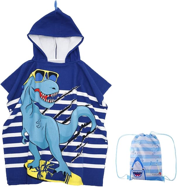 Microfiber Hooded Beach Towel Changing Towel for Kids Soft and Breathable Poncho Bath Towel Quick Dry Pool Hooded Bath Robe for Girls Boys Children 6-14 Years Old (Blue dinosaur)