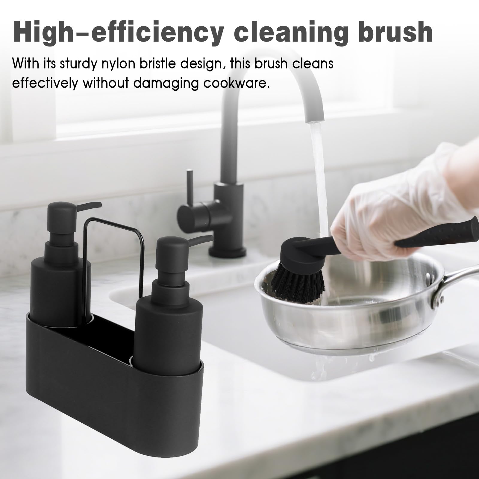 CAUTIOUS Porta Spugne Lavello Cucina, Dispenser Sapone Cucina Nero 4 in 1, Porta Spugne Lavello con Portasciugamani Dispenser di Detersivo Ricaricabil, Dispenser Detersivo Piatti per Cucine e Bagni