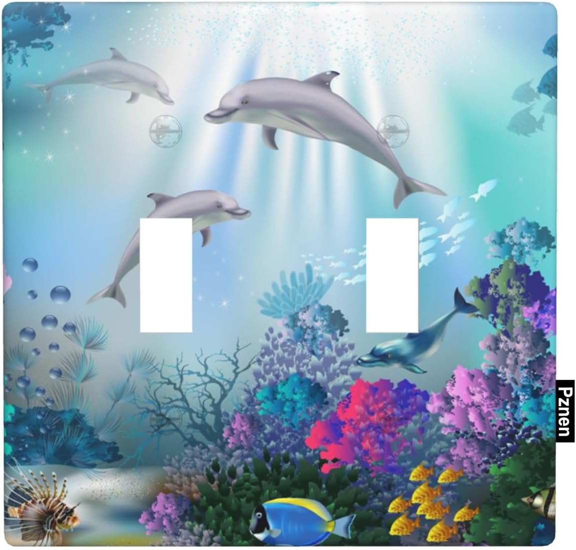 Sea Double Toggle Light Switch Cover Ocean Dolphin Shark Underwater Aquarium Corals Blue Wall Plate Covers 2-Gang Toggle Switch Plates Home Decorative Office