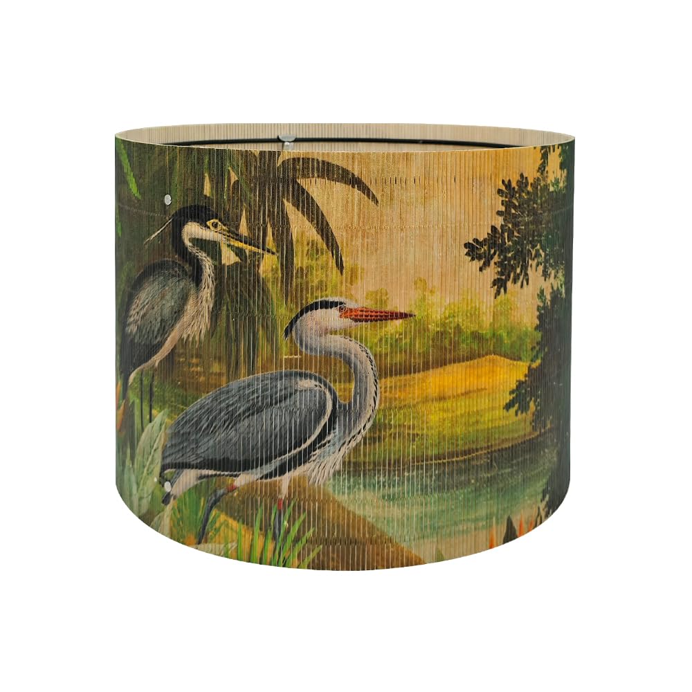 Bamboo Drum Lamp Shade with Tropical Bird Herons Design, Art Deco Rustic Retro Style, 30x23 cm, for Table and Floor Lamps