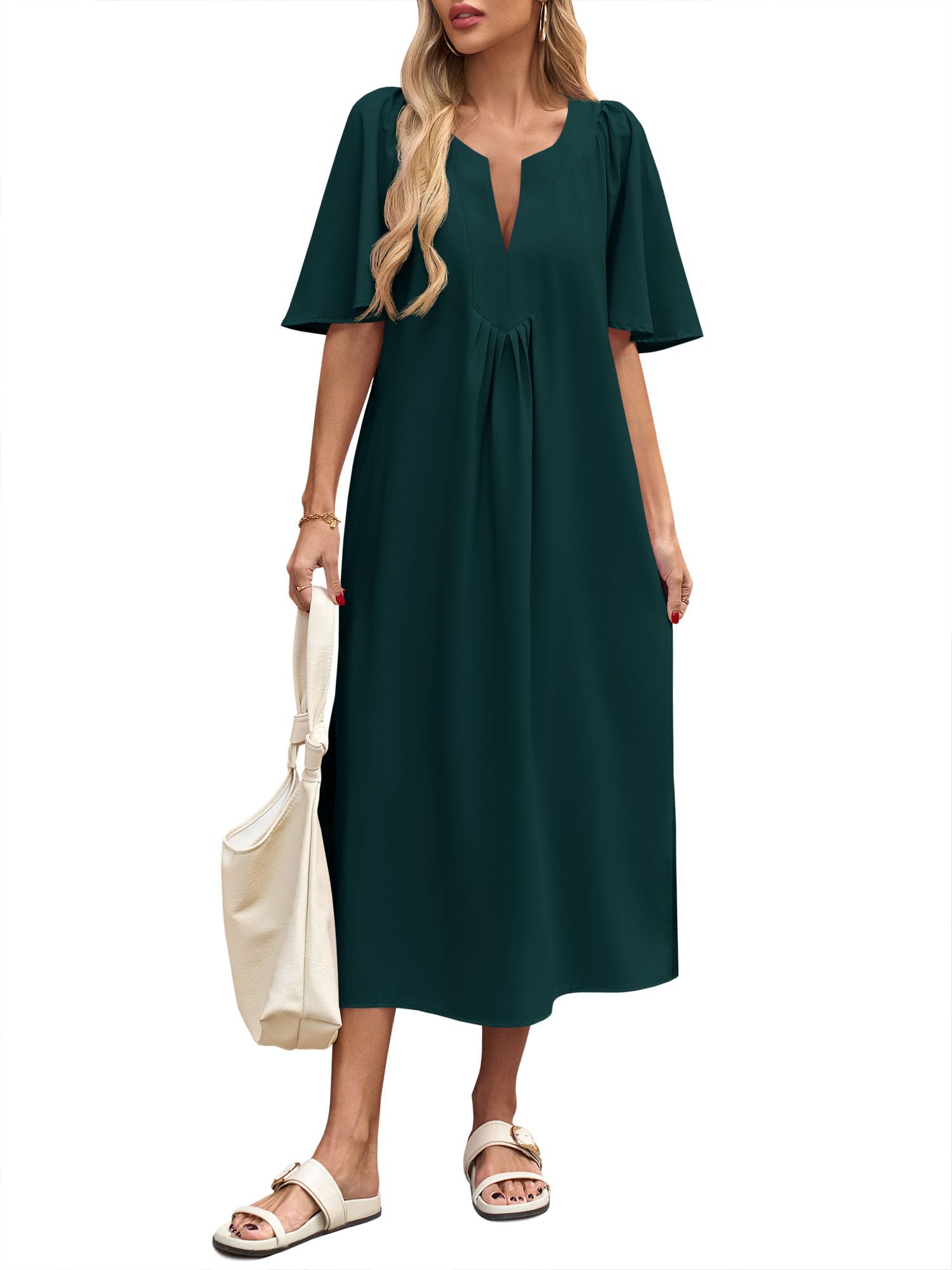 Wenrine Womens Casual Maxi Dress Short Sleeve Loose Flowy Summer Dresses
