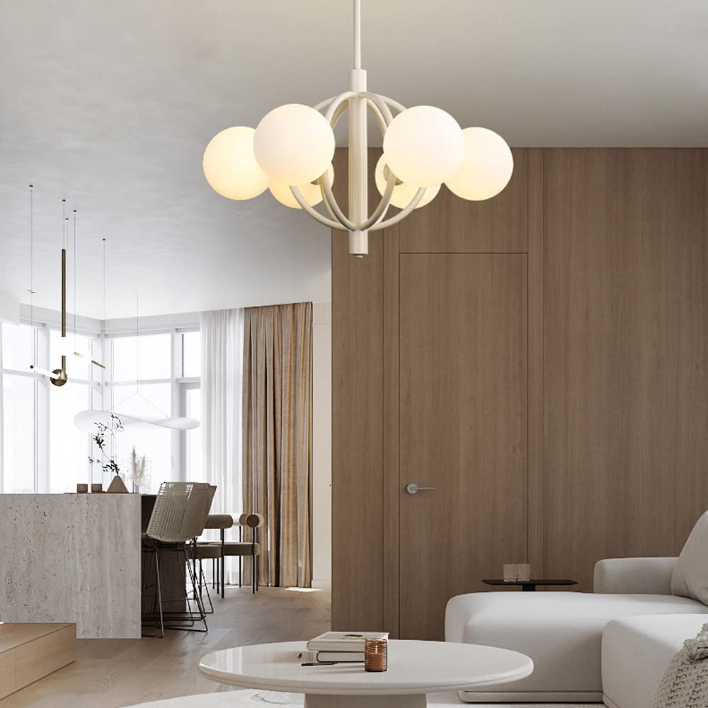 Jasnobeżowa żelazna lampa sufitowa z 6 lampami, nowoczesna i opływowa lampa wisząca do salonu lub sypialni, ze szklanym kloszem, 3 przedłużkami w zestawie (10 + 20 + 20 cm), trzonek G9