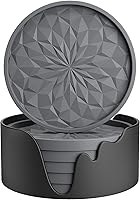 ME.FAN 6 Pack Silicone Coasters with Holder - Thickened Non-Slip Deep Tray for Hot/Cold Drinks, Furniture Protector Dark Grey