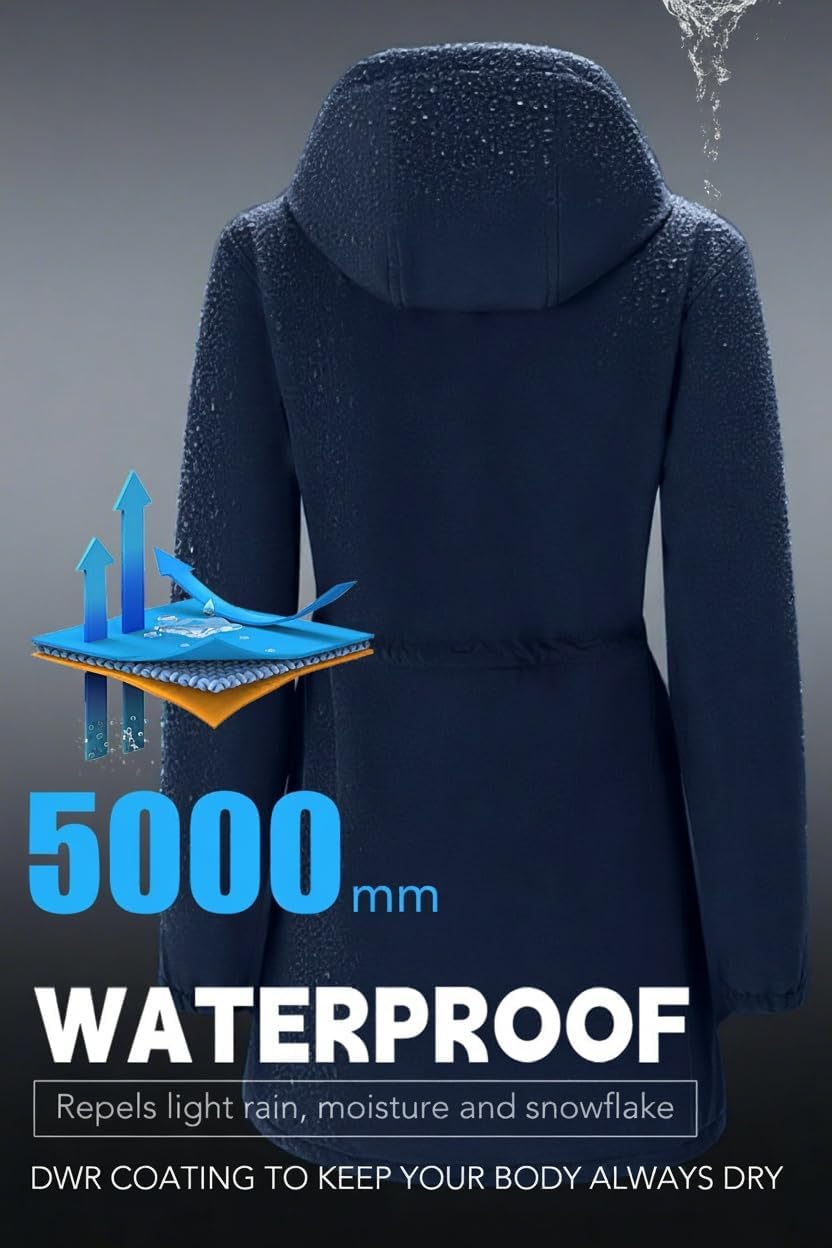 Women’s Softshell Jacket Lightweight Long Rain Coat Hooded Waterproof Windproof Fleece Lined Insulated Windbreaker - Image 5