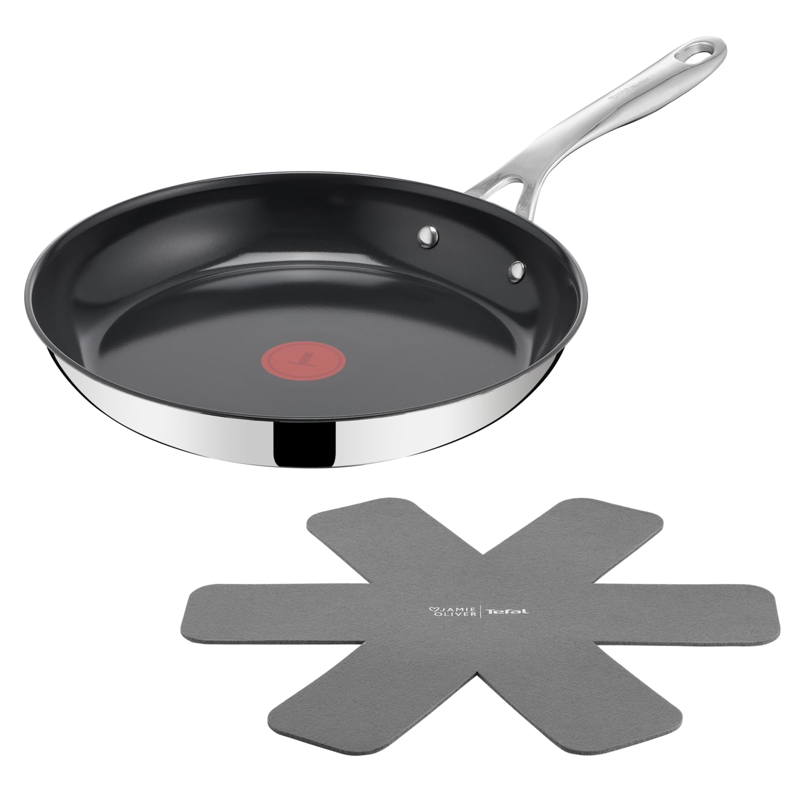 Jamie Oliver by TEFAL Direct Cook Bratpfanne 28 cm, inkl. Pfannenschoner, keramische Antihaftoberfläche, langlebige Versiegelung, Thermo-Signal, für alle Herdarten, backofenfest, Edelstahl