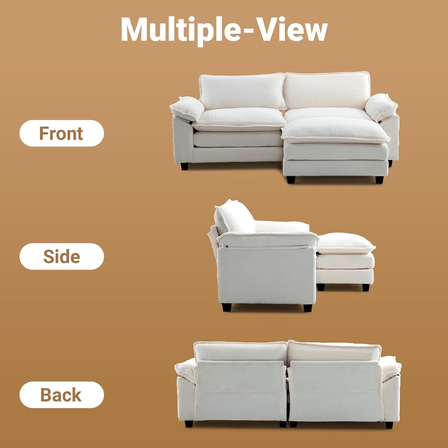 VINGLI 87" White Faux Sherpa Convertible L-Shaped Sectional Sofa with Ottoman for Small Spaces