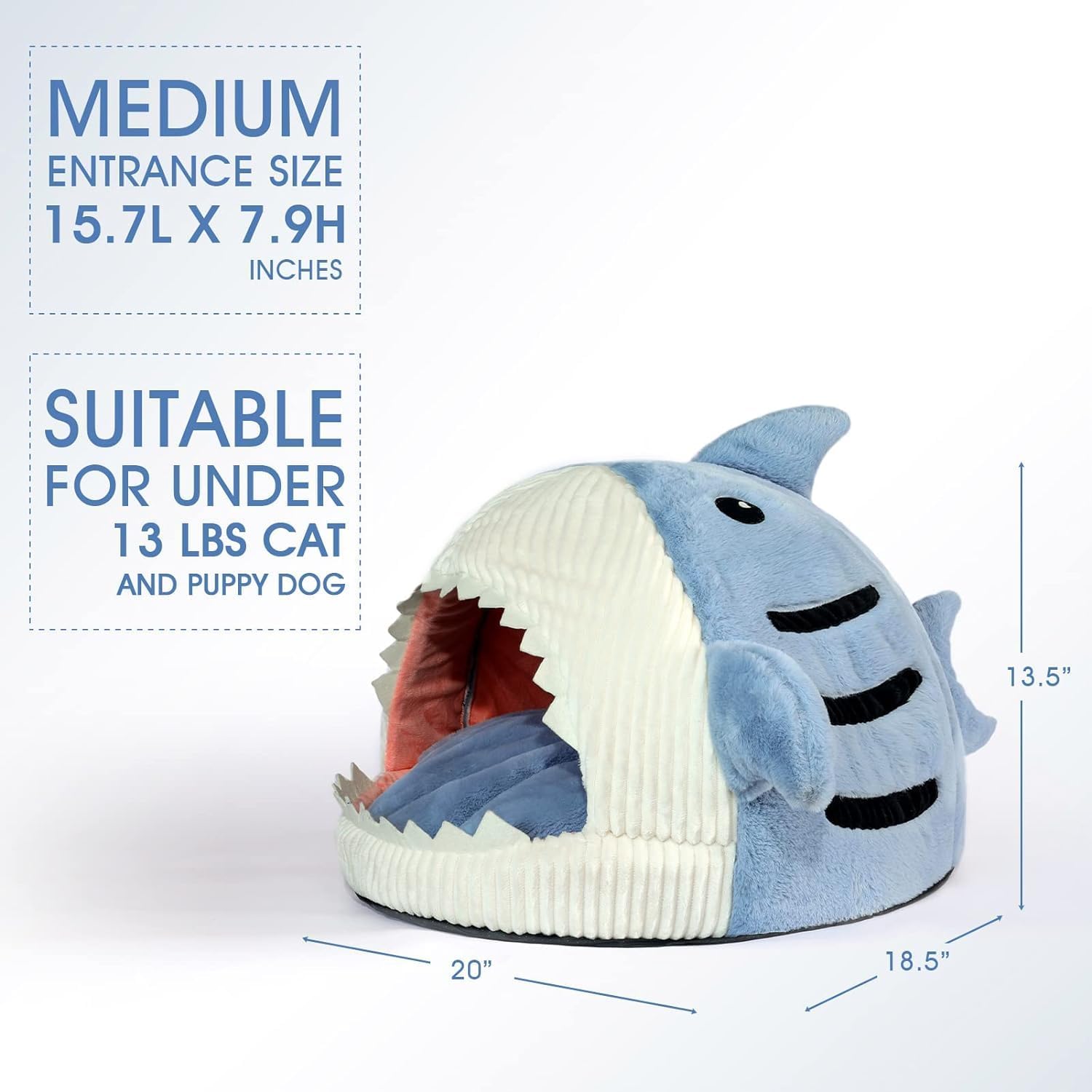 سكيهد سرير قطط ناعم لطيف، كهف دافئ للقطط على شكل سمكة قرش مع وسادة قابلة للازالة والغسل للكلاب الاليفة (رمادي فاتح، L)