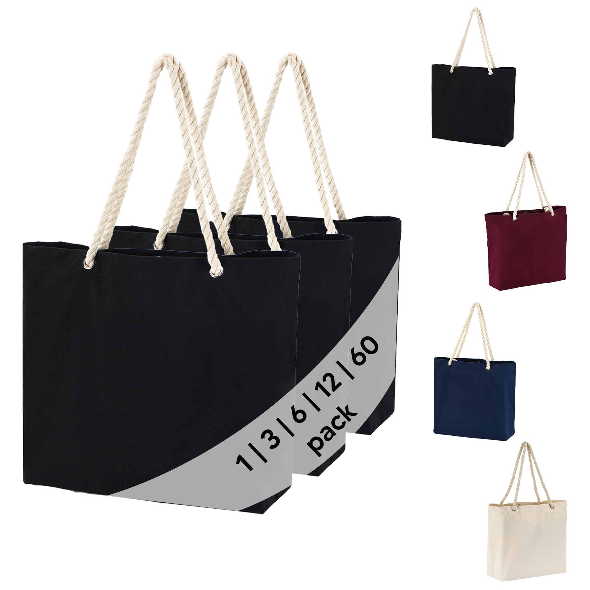 1 3 6 12 60 Pack 100 Cotton Beach Tote Bag Reusable Shoulder Bag for Women Shopping Pool