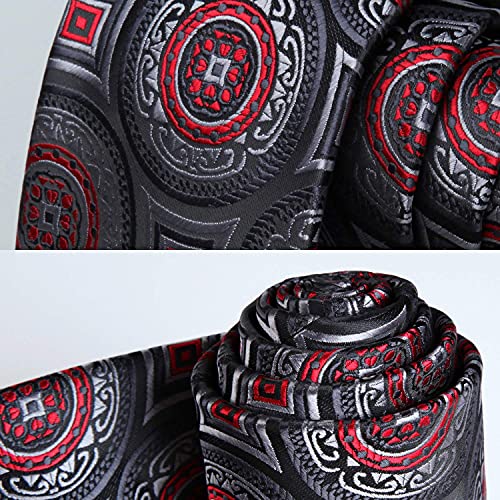 Hisdern Extra Long Floral Paisley Tie Handkerchief Men's Necktie & Pocket Square Set ,Black & Gray & Red 2,Xl, 63 Inches Length #TOP4