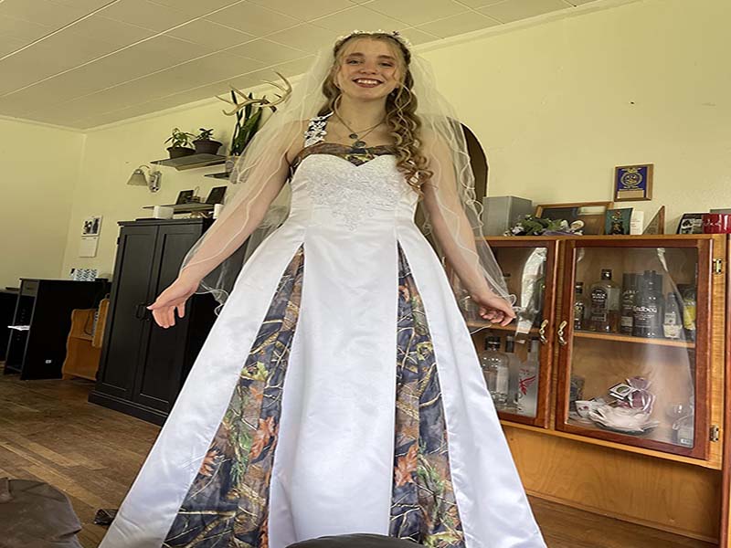 green camo wedding dresses ZVOCY Camouflage Dress For Bride – Satin Ball Gown With Lace Appliques, Spaghetti Straps & Train Lace Applique Ball Gown With Train For Bride blue camo wedding dress