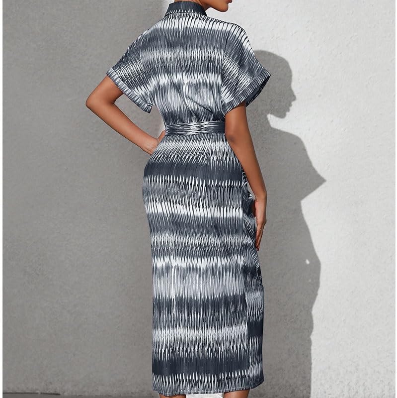 JSEIAJB Polyester Short Sleeves Stripes Dress Tie-up Mid-Waist Cardigan Dress(Gray,Large)