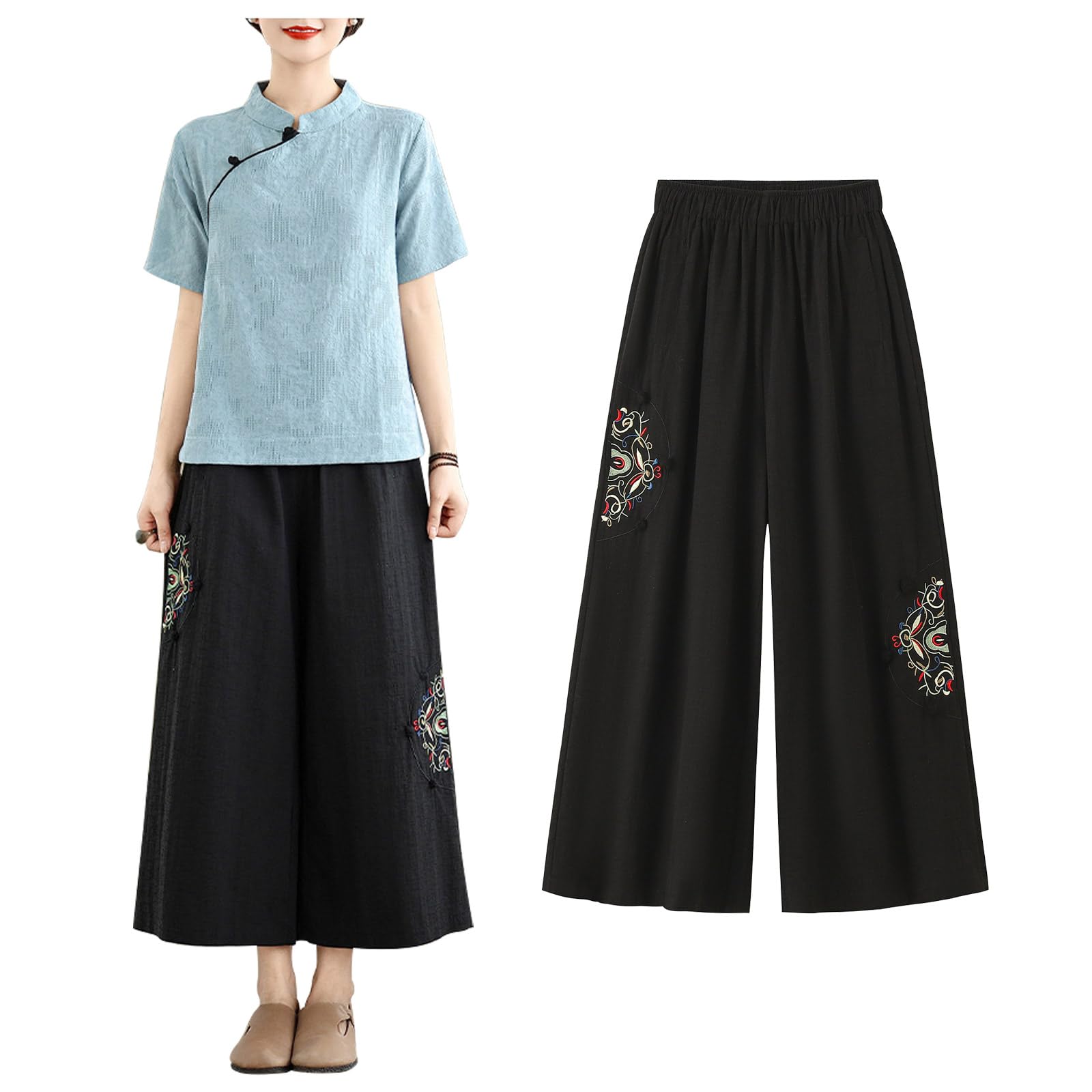 CHUIKUAJ Tenue de Tai Chi à Manches Courtes pour Femme, Ensemble Rétro en Coton et Lin, Tenue de Méditation Zen, Chemise Jacquard de Style Chinois + Pantalon Brodé