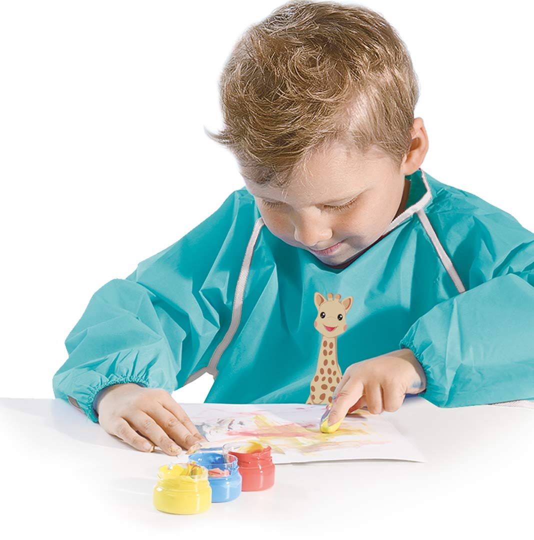 SES Creative Sophie la girafe - Peinture au Doigt Bébé | Non toxique | Végan et Sans Gluten | Made in Holland | Pour les enfants Dès 1 An | 4 Couleurs | Avec Tablier et 8 Feuilles Animaux | 14494