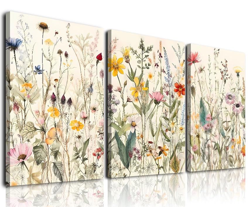 Framed Canvas Wall Art Set of 3, Minimalist Flower Floral Wall Art Farmhouse Decor, Boho Style Wall Decor Watercolor Wildflower Paintings, Modern Colorful Botanical Flower Art Print for Bathroom, Bedroom, Gallery, Living Room(12x16Inch)