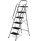 Smartxchoices 5 Step Ladder with Handrails and Tool Tray, Folding Step Stool with Wide Anti-Slip Pedal, Heavy Duty Steel Step Ladder for Home Kitchen Office Shop, 330 lbs Load Capacity, Black