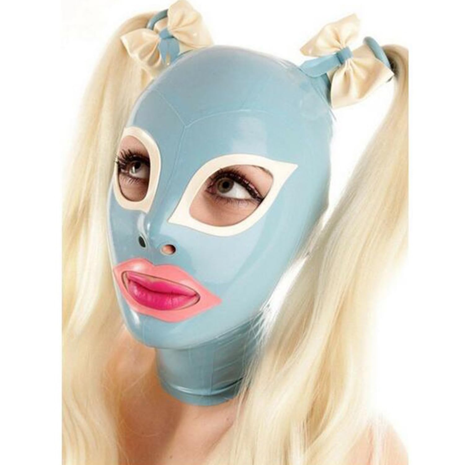 WXLPCGO Latex Hood Fetish Rubber Head Mask Halloween with Double Ponytail Back Zipper Handmade for Unisex(Size:M-65CM)