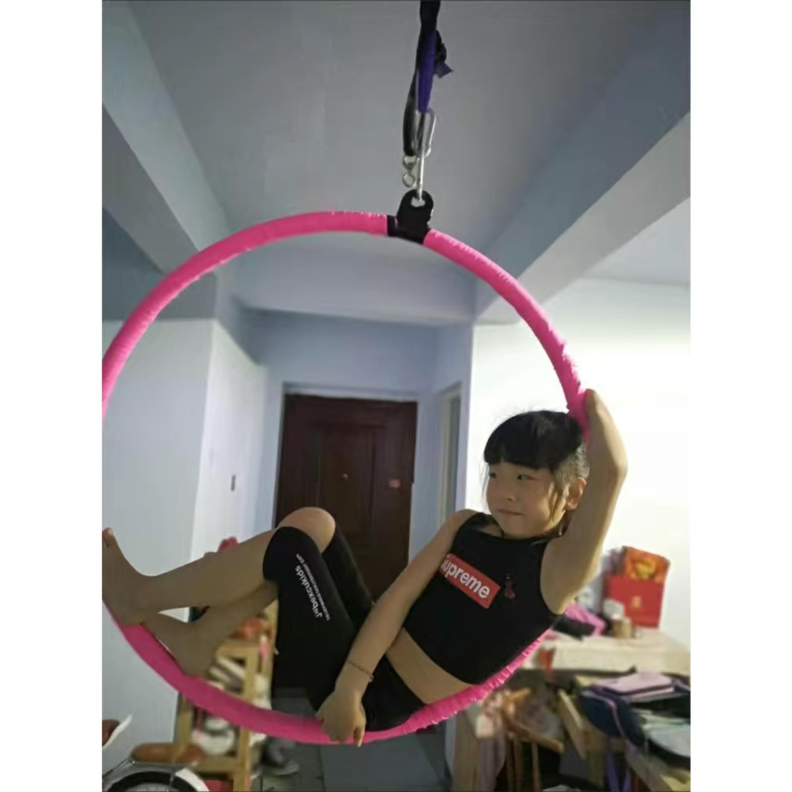 Anillo de antena de circo con cinta antideslizante/anclaje de techo, aro de yoga colgante para acrobacia/gimnasia/fitness aéreo, juego de anillos de antena de 80/90/100 cm