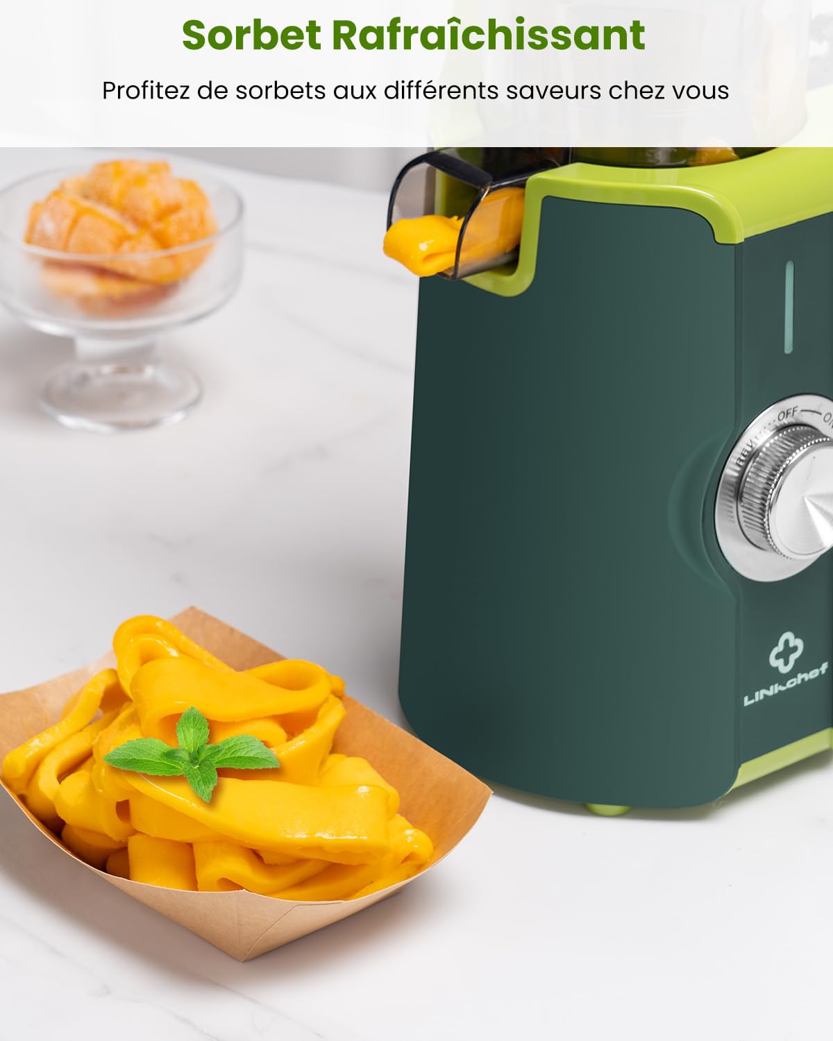 LINKChef Extracteur de Jus Vertical | Slow Juicer 200W | Goulot Large 115 mm pour Fruits & légume Entiers | Avec Livre de Recettes, Nettoyage Facile, Sans BPA, Vert
