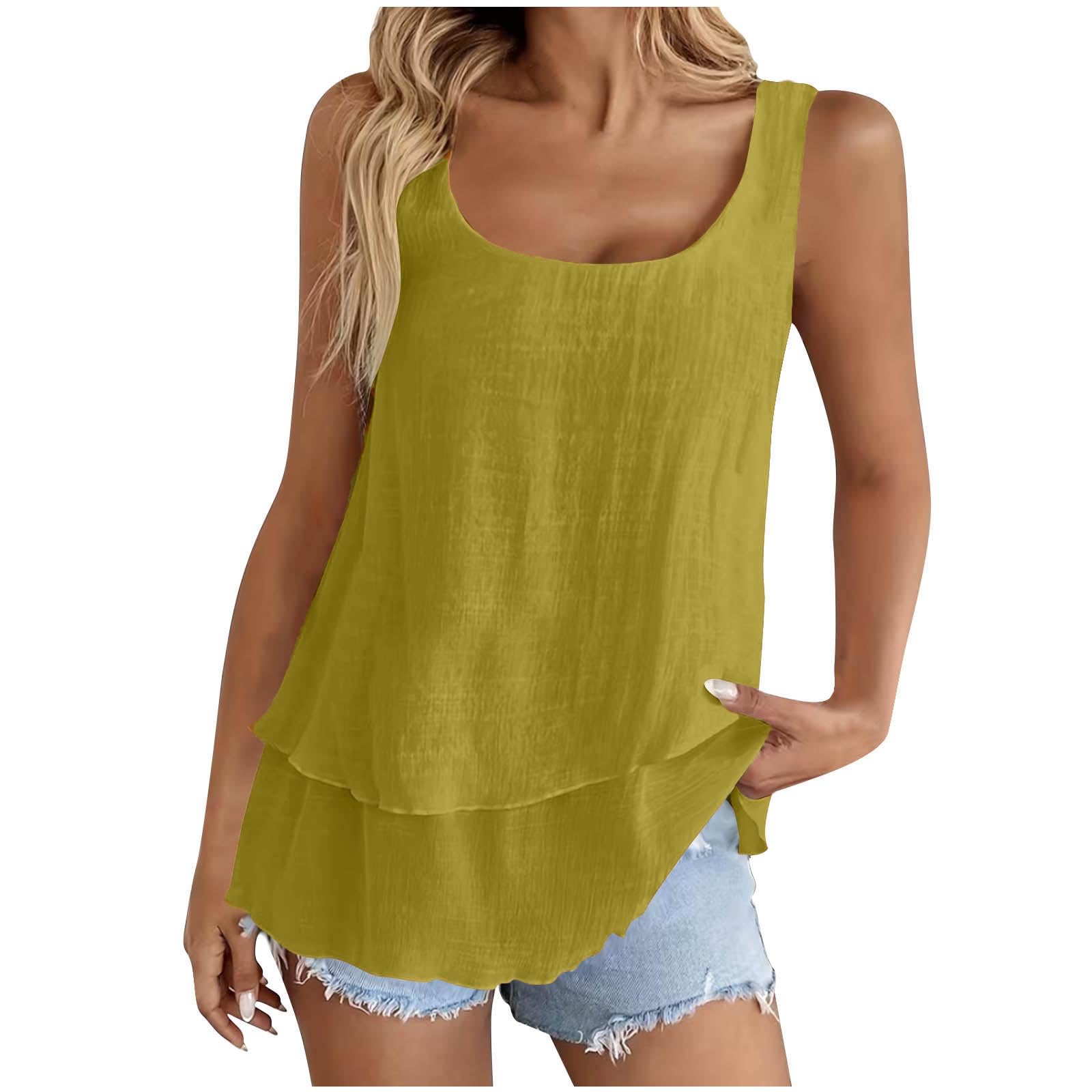 Tank Top Damen Sommer,V-Ausschnitt Doppelter Saum Leinenbluse Elegante Ärmellose Shirts Leinenshirt Baumwolle Einfarbige T-Shirts Basic Blusentop Musselin Tanktops für Urlaub Strand