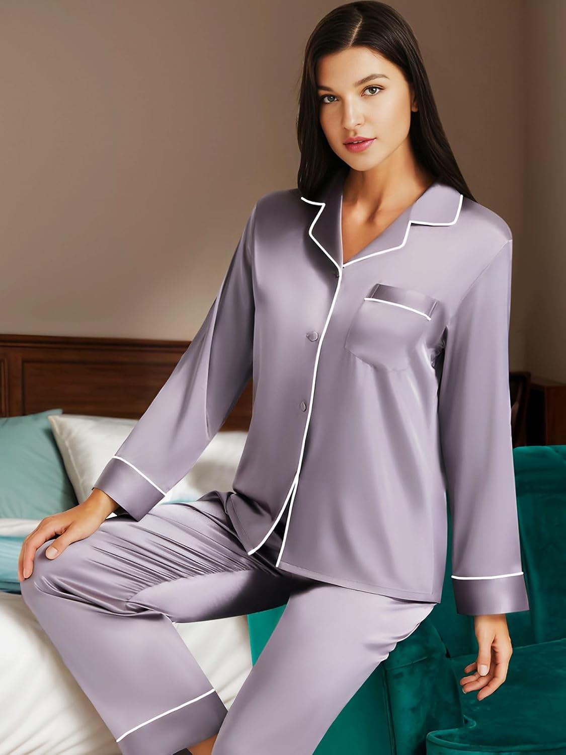 LONXU Silk Satin Womens Pajama Sets Button Down Sleepwear Loungewear XS~3XL 4 61XQXQP93fL. AC SL1500