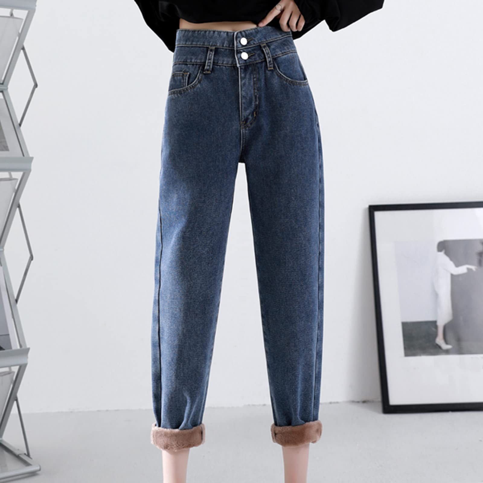 Generisch Pantalones vaqueros térmicos de invierno para mujer, cintura alta, forro polar, pierna recta, suaves y cómodos, pantalones vaqueros holgados de pierna ancha, pantalones largos para el tiempo