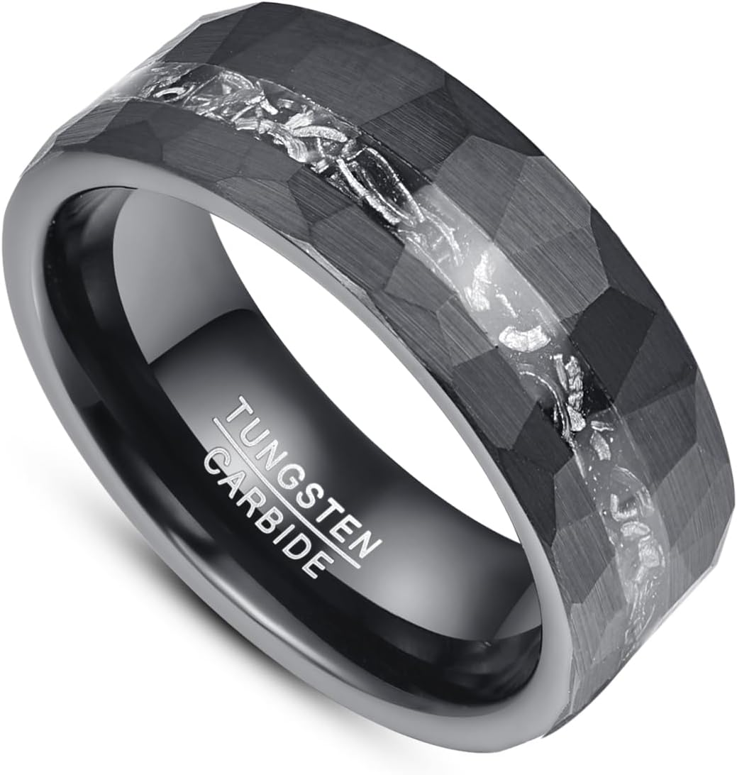 Vakki Personalized Black Tungsten Ring for Men Women Wedding Band Meteorite Inlay Custom Engraved Engagement Ring Polished Domed Comfort Fit Size 7-12 - Image 2