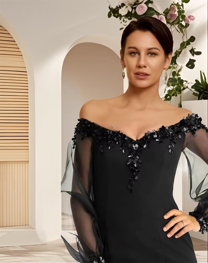 Laces Sequin Chiffon Mother of The Bride Dress for Women Side Split Off Shoulder Long Sleeves Wedding Guest Gown