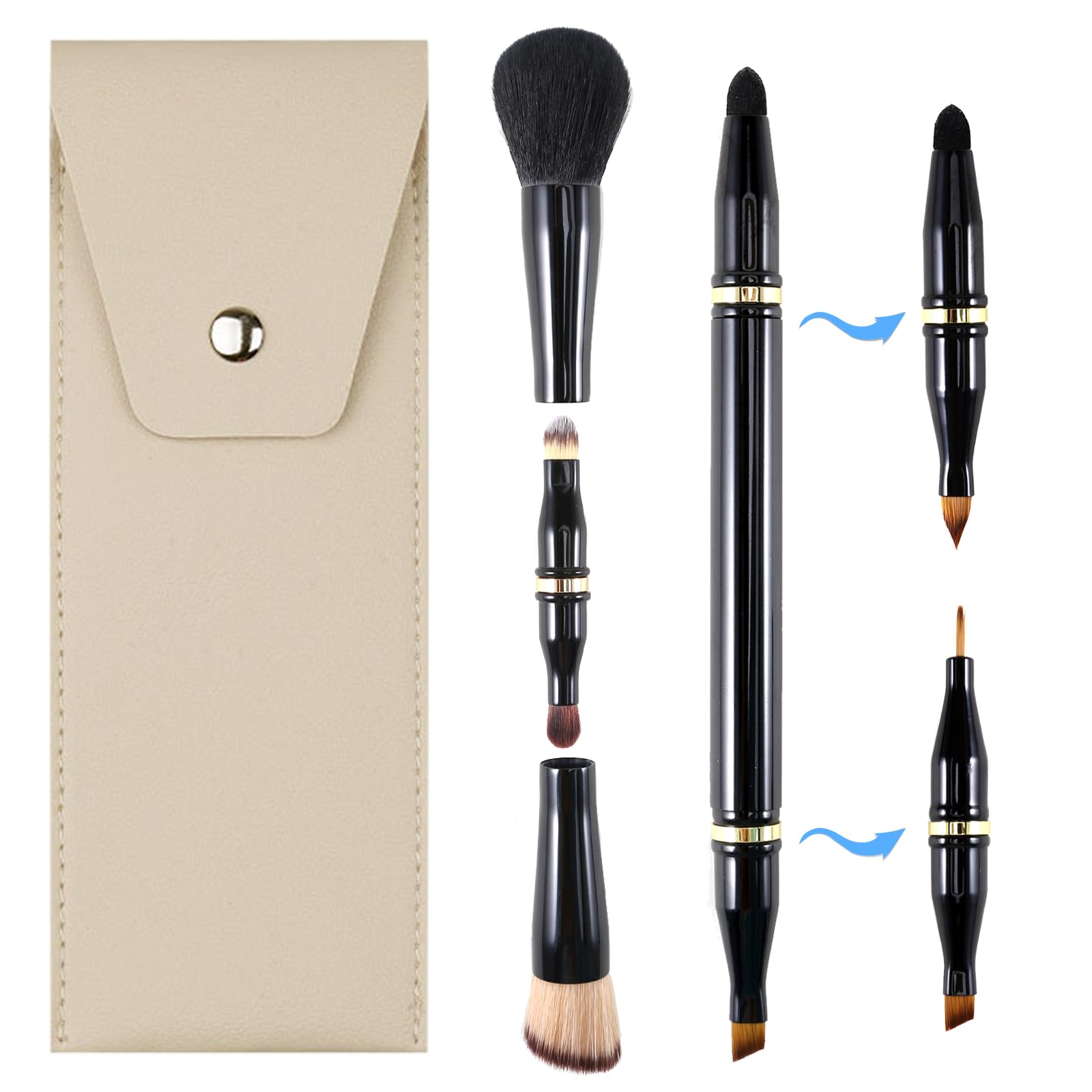 Ponhey 4 in 1 Travel Makeup Brushes Set Detachable Travel Makeup Brush with case for Foundation| Loose Powder| Concealer| Eye Shadow| Eyeliner Double