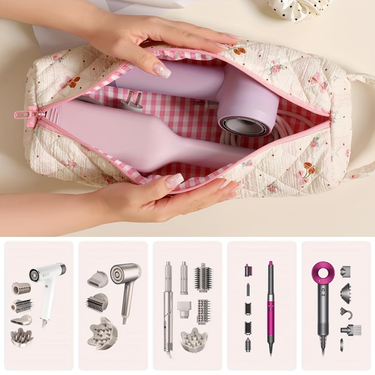 Bolsa organizadora de herramientas para el cabello con cierre de cremallera y diseño de lazo, secador de pelo a prueba de polvo, rizador, almacenamiento de alisador, compatible con viajes, gimnasio — view 3