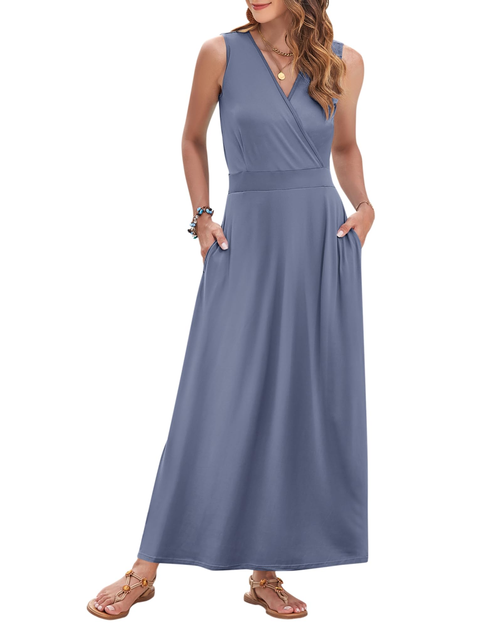 AUSELILY Women's Maxi Dress 2026 Summer Casual Sleeveless Sundress V Neck Wrap Vacation Cocktail Long Dresses with Pockets