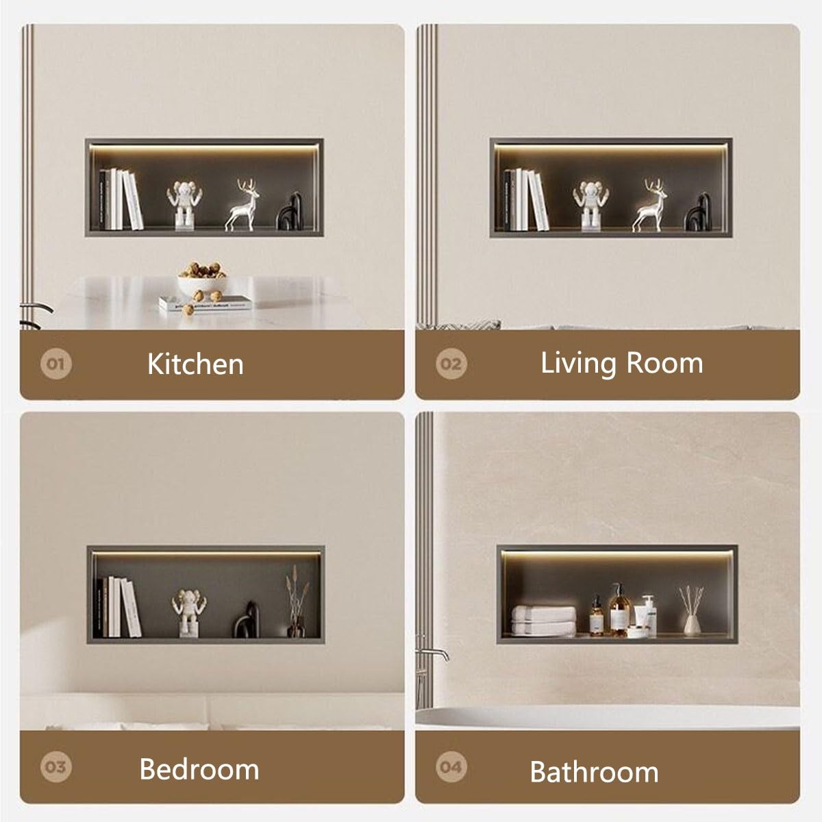 Nicho de pared de ducha empotrable LED, almacenamiento de baño de acero