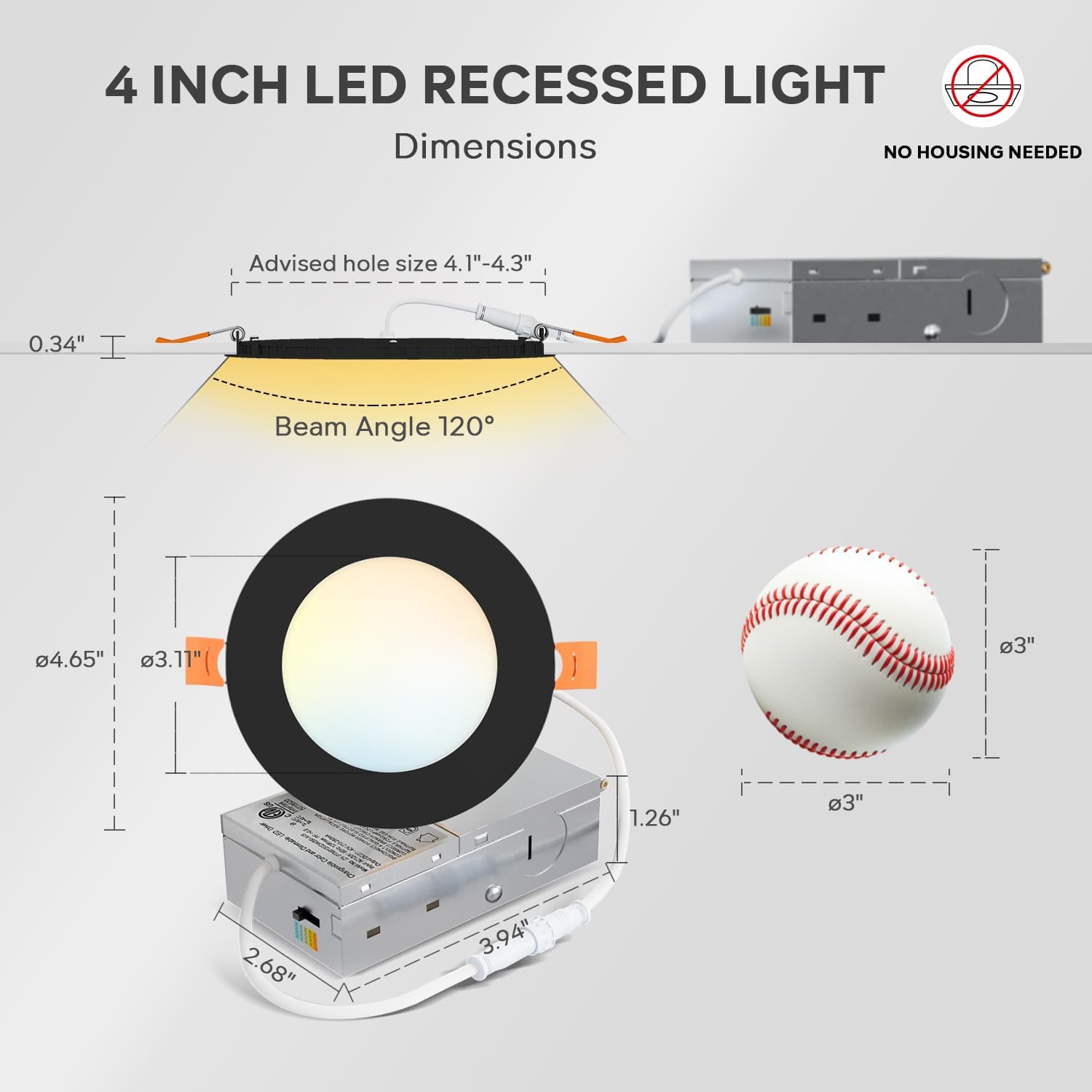 LVWIT Ultra-Thin Recessed Lighting 4 Inch with Junction Box, 800LM 2700K-5000K 5CCT LED Ceiling Lights, Dimmable Canless Wafer Downlight, ETL,FCC&IC, Smooth Trim, 6 Pack Black