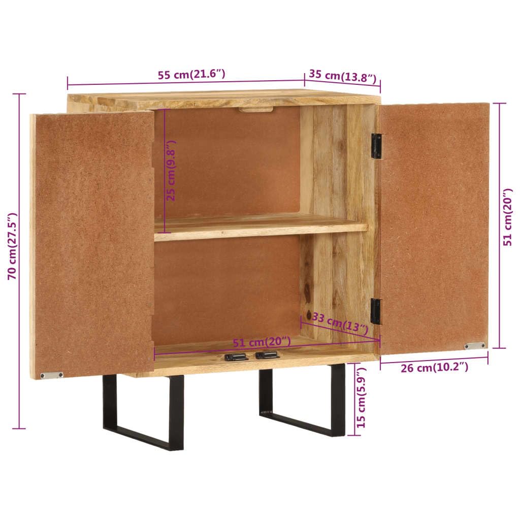 Buffet en bois de manguier massif avec 2 portes, dimensions 55 cm de large, 35 cm de profondeur et 70 cm de haut, design classique avec beaucoup d'espace de rangement