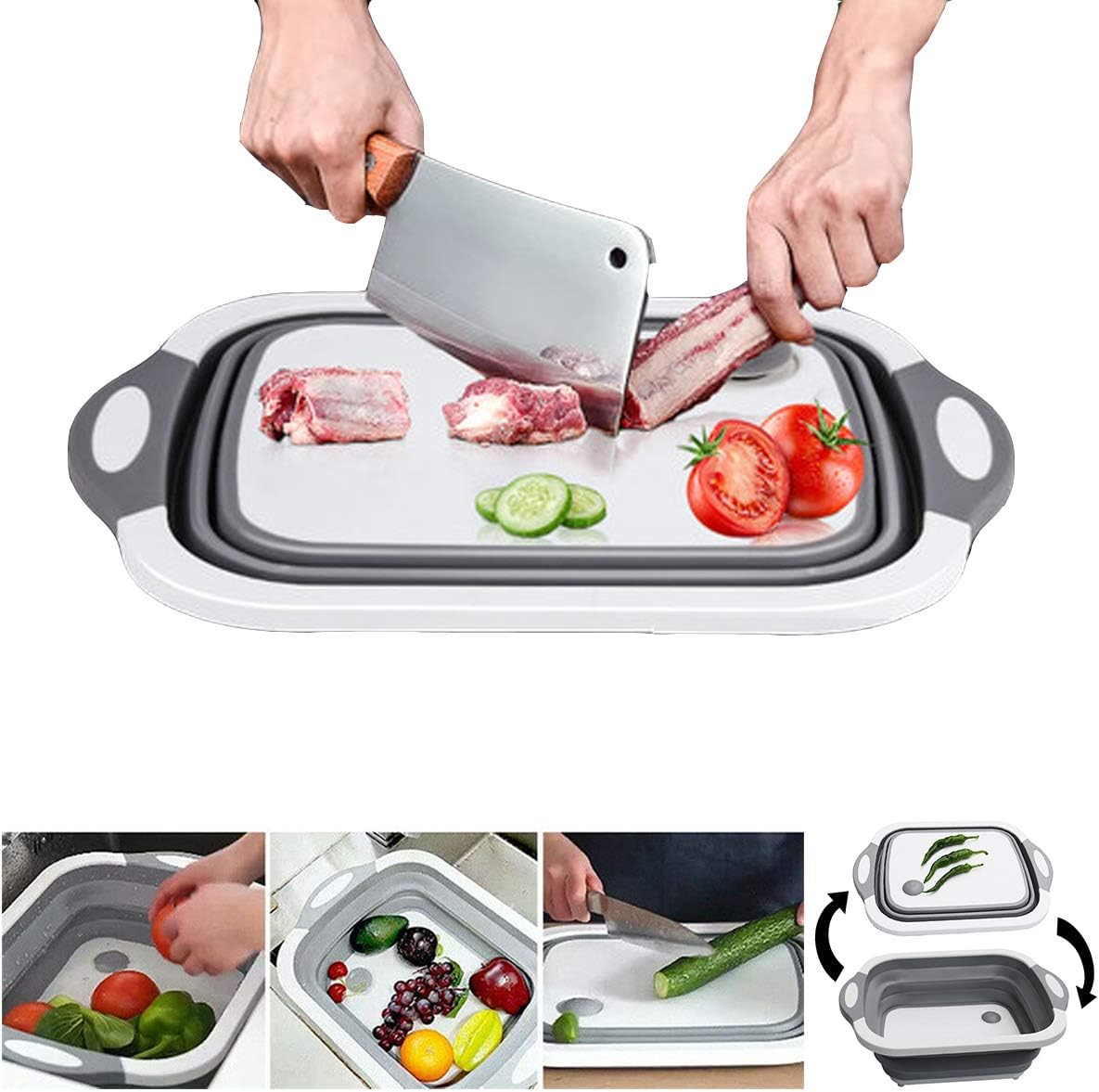 Barabum Multi-function Dish Tub Sink 3 in 1 Portable Folding Cutting Board Drain Basket Kitchen Cutting Board Tool for Cutting Vegetables and Fruits Outdoor Travel Camping (Gray)