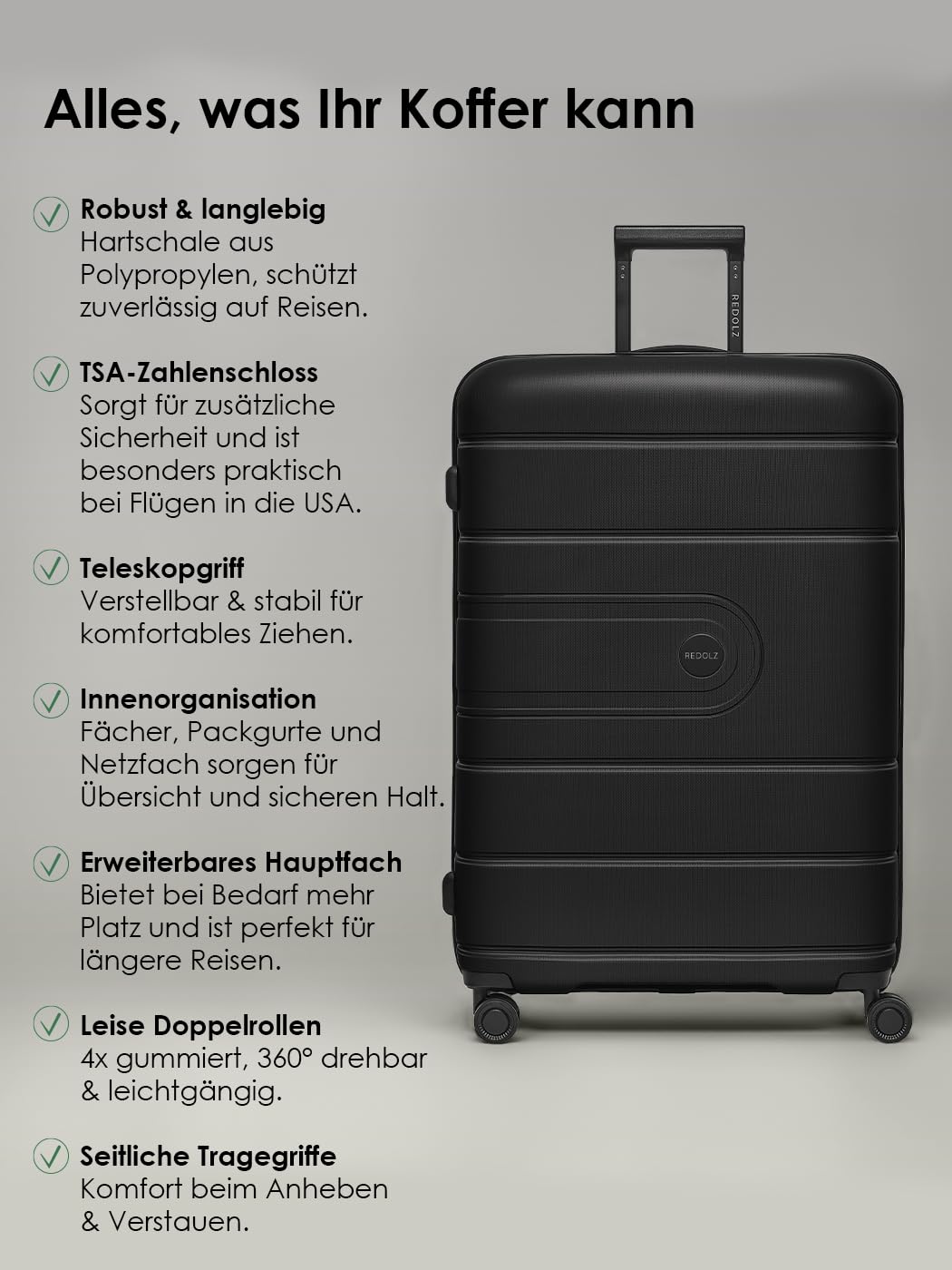REDOLZ Essentials 11 + BC, czarny, Kofferset+ (3-teilig) erweiterbar, Walizka z twardą obudową z rolkami obrotowymi