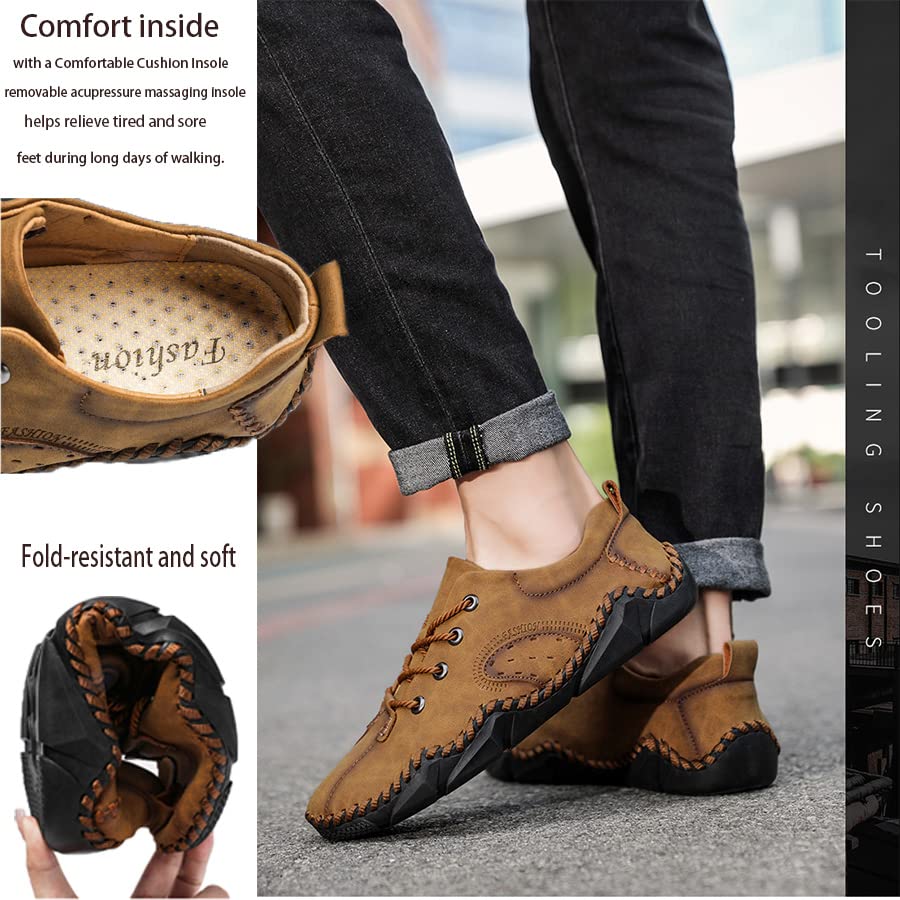 Mens Casual Slip-On Loafers Vintage Hand Stitching Soft Leather Lace-up Lightweight Anti Slip Flats Ankle Chukka Oxford Shoes4