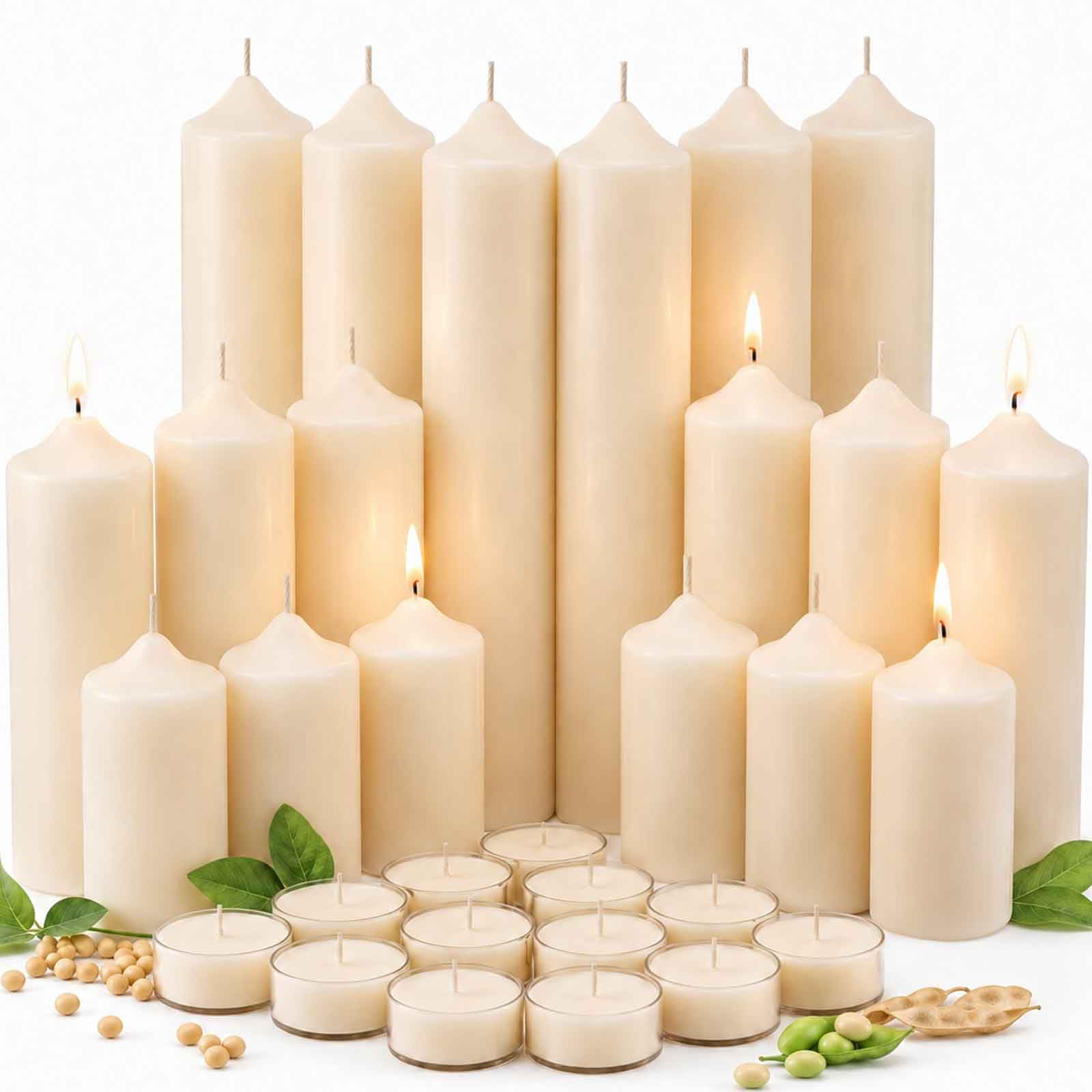 Juego de 18 velas de cera de soja, pilares blancos sin perfume (2 x 3, 2 x 6, 2 x 8 pulgadas) y 12 velas de té, larga combustión limpia, velas de soja natural sin humo para bodas, fiestas, hogar, mesa