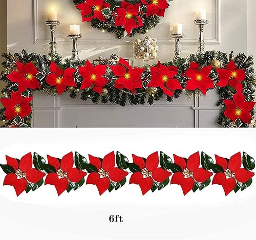 Miniatura 3 de 2 flores artificiales de Navidad de terciopelo de 7 cabezas, flores de nochebuena falsas, adornos florales de seda y 1 guirnalda de flores