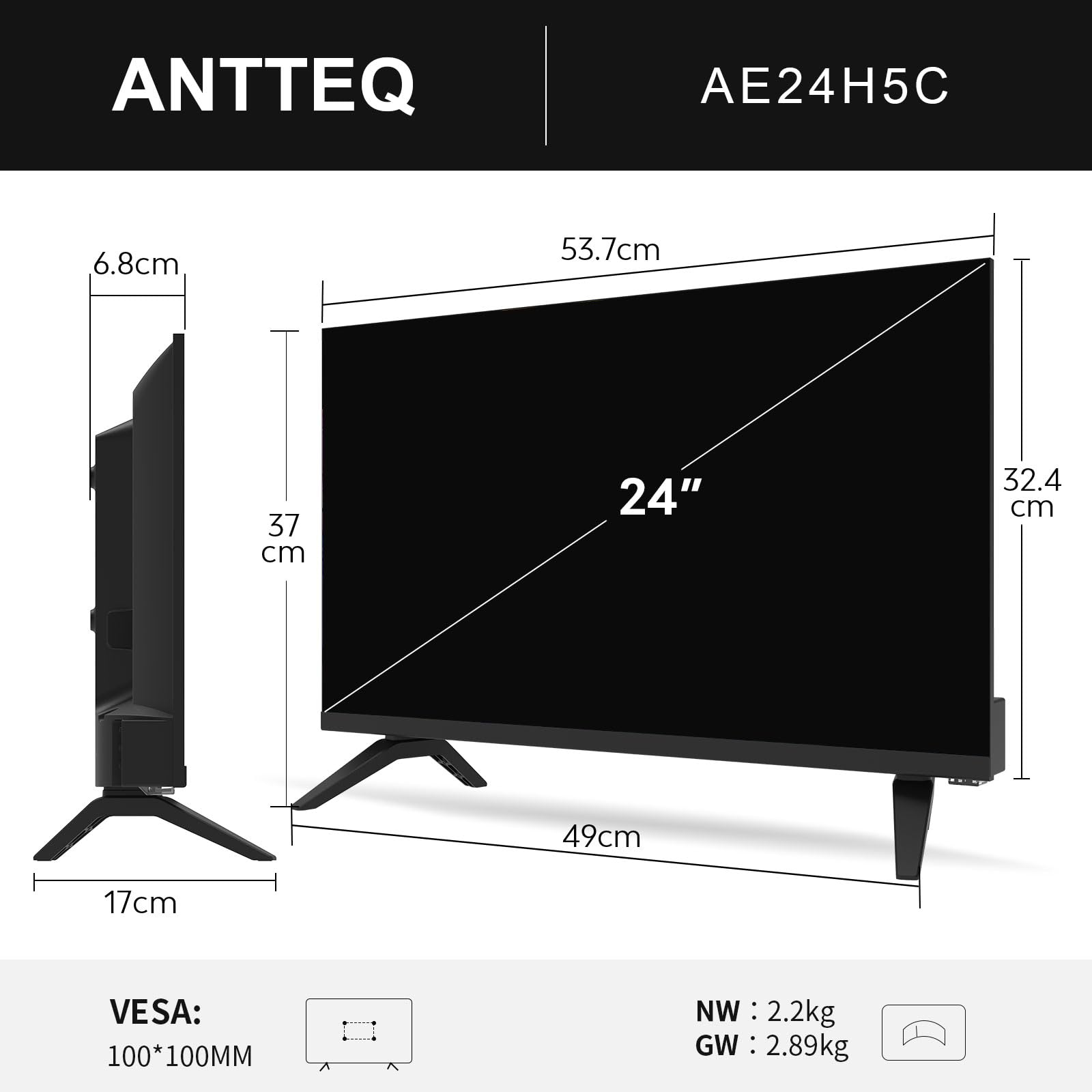 Antteq AE24H5C Televisor LED 24 Pulgadas (60 cm) HD con12V, Triple Sintonizador DVB-C/T2/S2, Modo Hotel, Audio Dolby, Conexiones SCART & Ci+ – Ideal para Autocaravana, Hotel