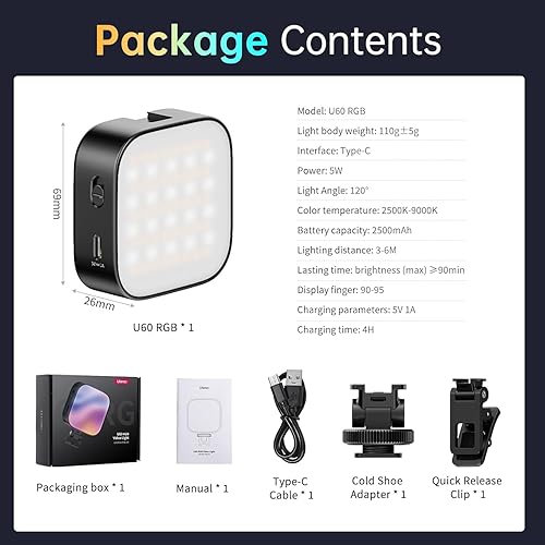 Miniatura 8 de Ulanzi U60 RGB Video Light, luz de cámara LED portátil con 360 color CRI95 2500-9000K lámpara de panel regulable, panel LED de 2500 mAh iluminación