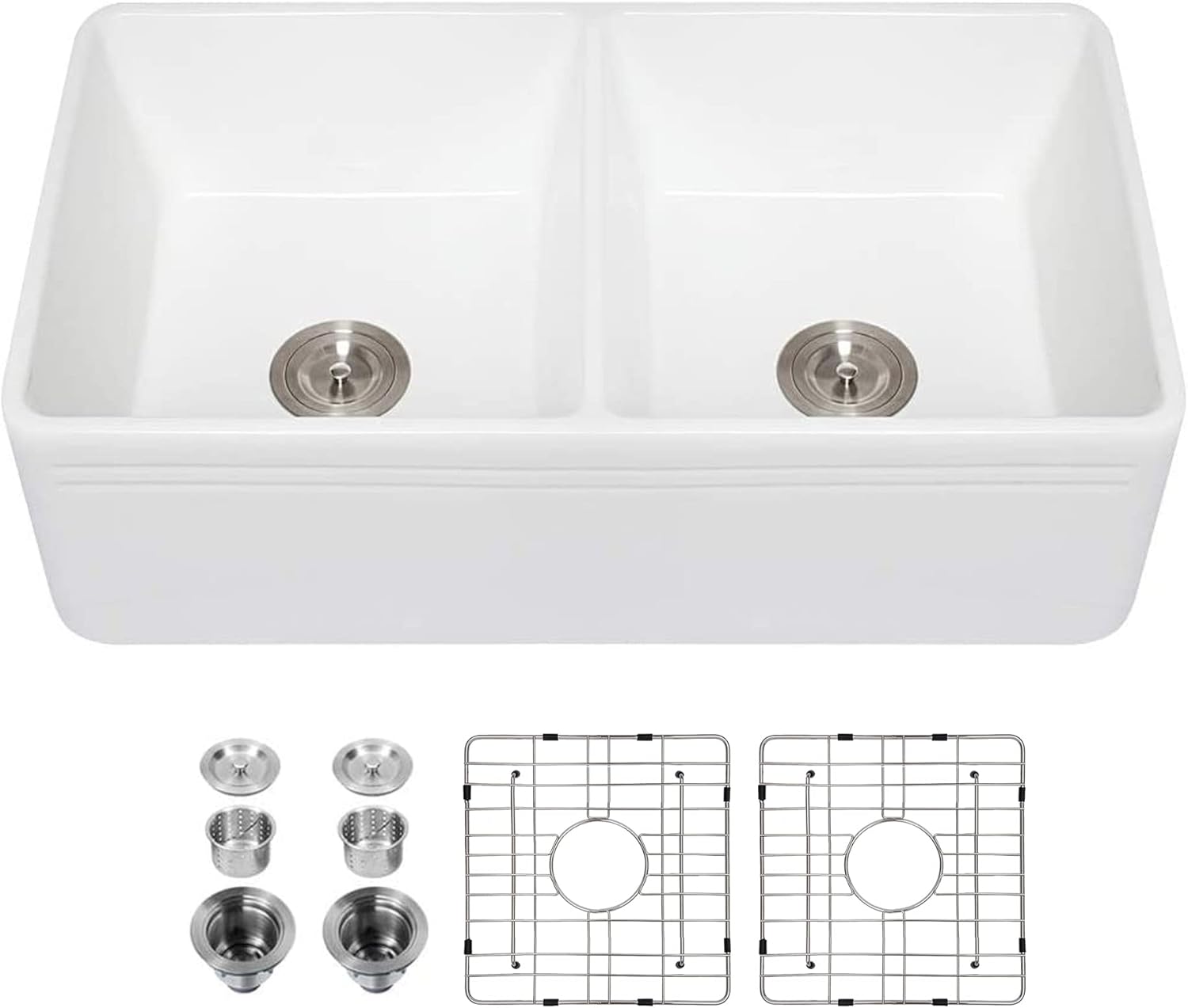 33 Farmhouse Sink - Lordear 33 inch Kitchen Sink Double Bowl Apron Front White Porcelain Ceramic Fireclay Kitchen Farm Sink Basin