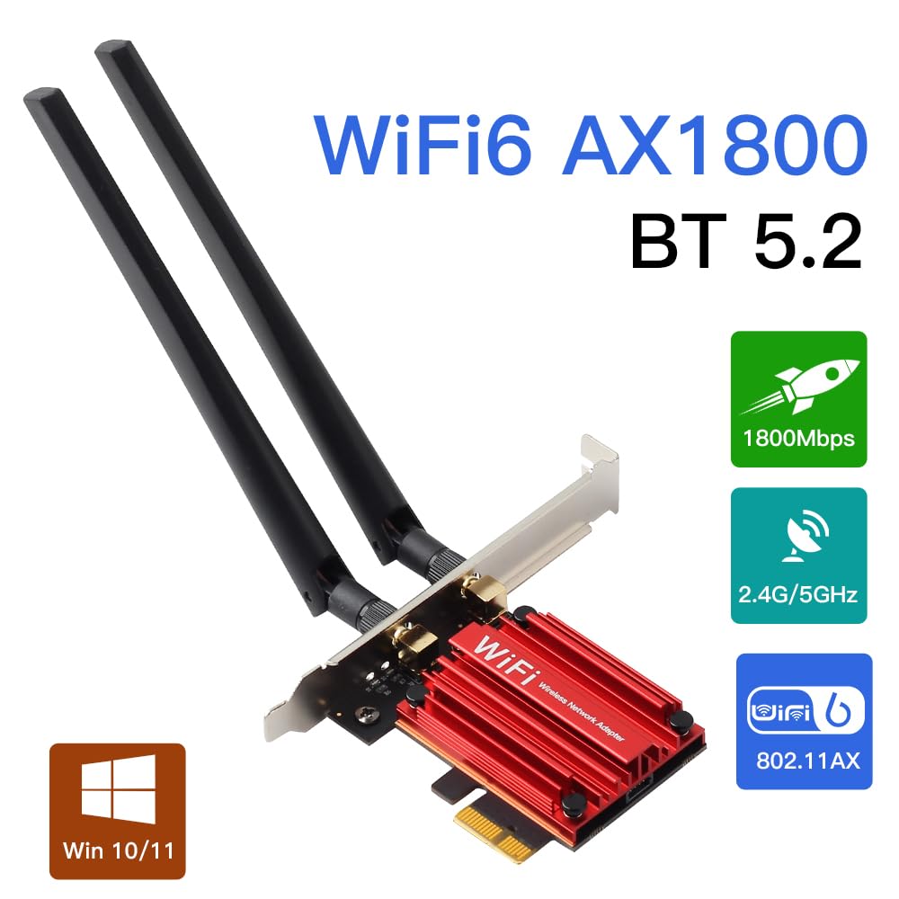 Carte PCIe WiFi 6 avec Bluetooth 5.2 pour bureau, AX1800 Dual Band 2.4G/5G, antenne à gain élevé 6 dBi, faible latence pour les jeux et le streaming, Windows 10/11